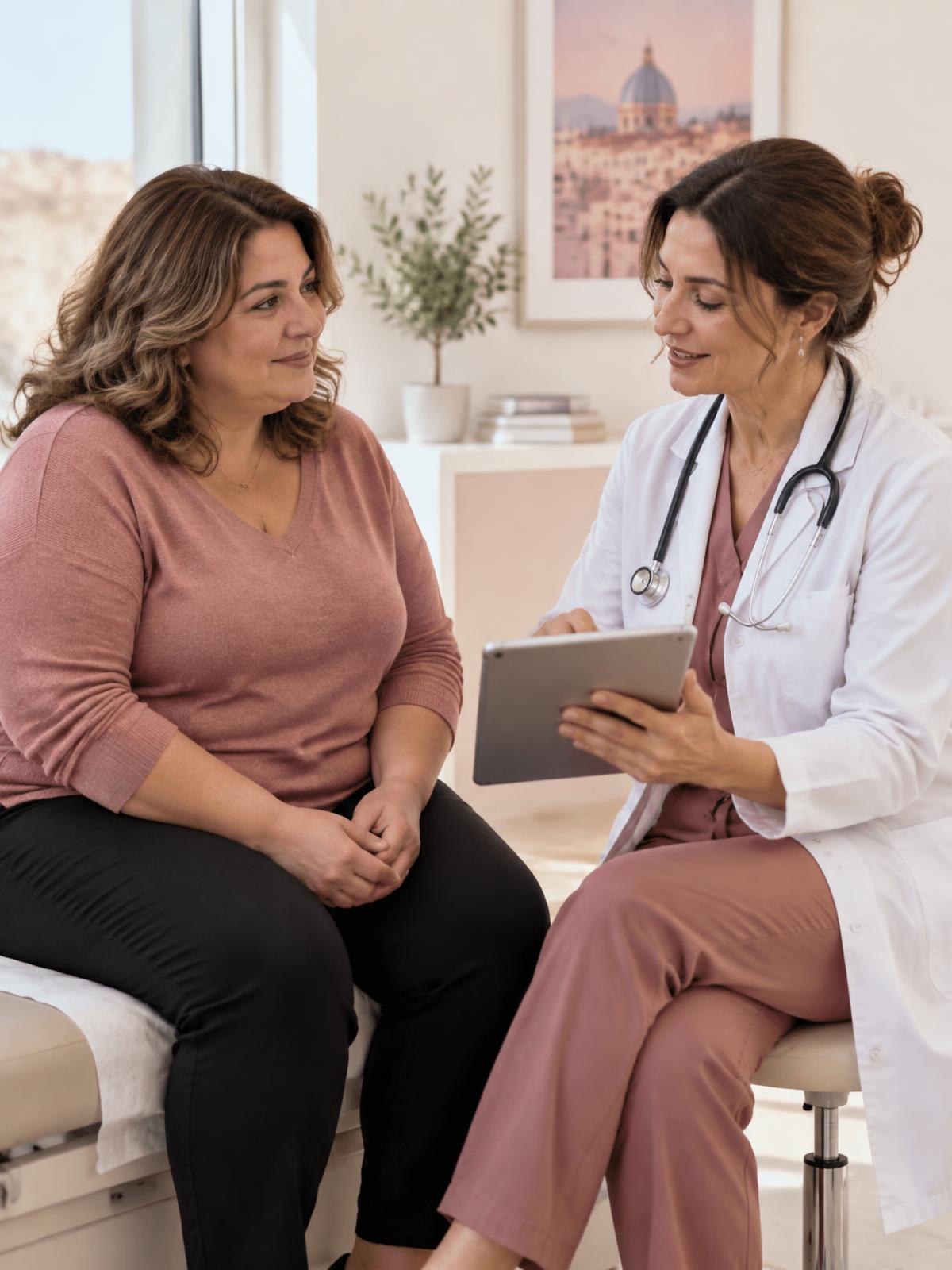 Paziente italiana durante un consulto medico rispettoso e personalizzato